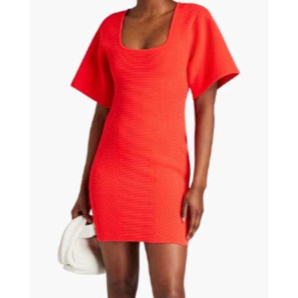 Herve Leger Paris Contour Corset Ribbed Knit Mini T-Shirt Body-con Dress in Red - Picture 1 of 7